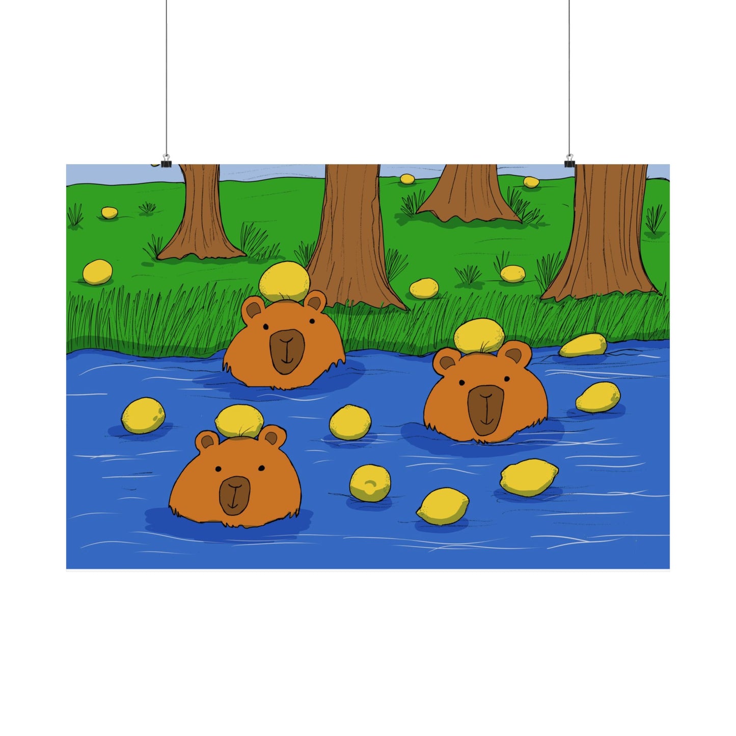 Poster Print - Cute Capybaras in Water with Lemons Design