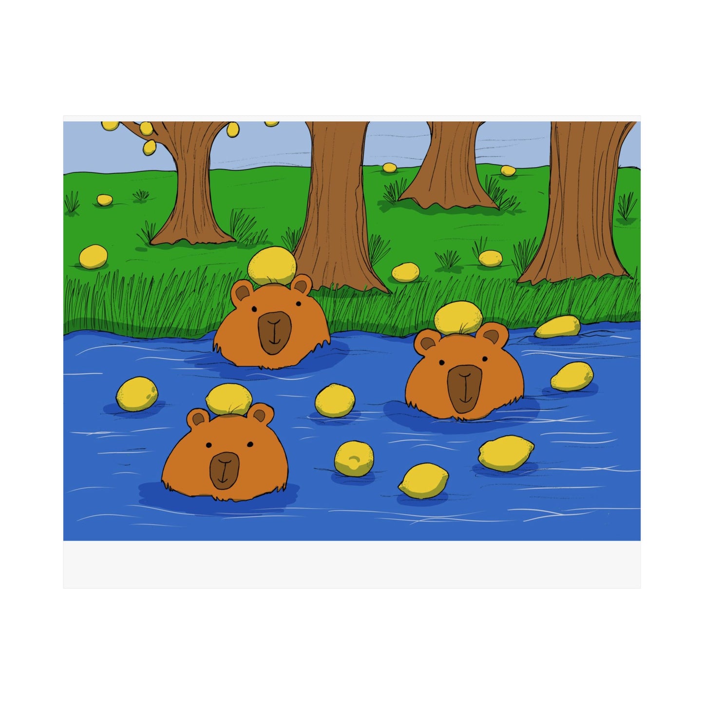 Poster Print - Cute Capybaras in Water with Lemons Design