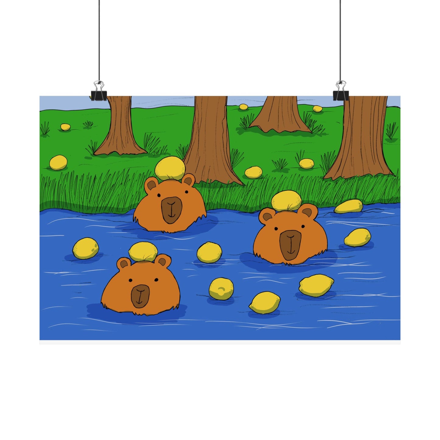 Poster Print - Cute Capybaras in Water with Lemons Design