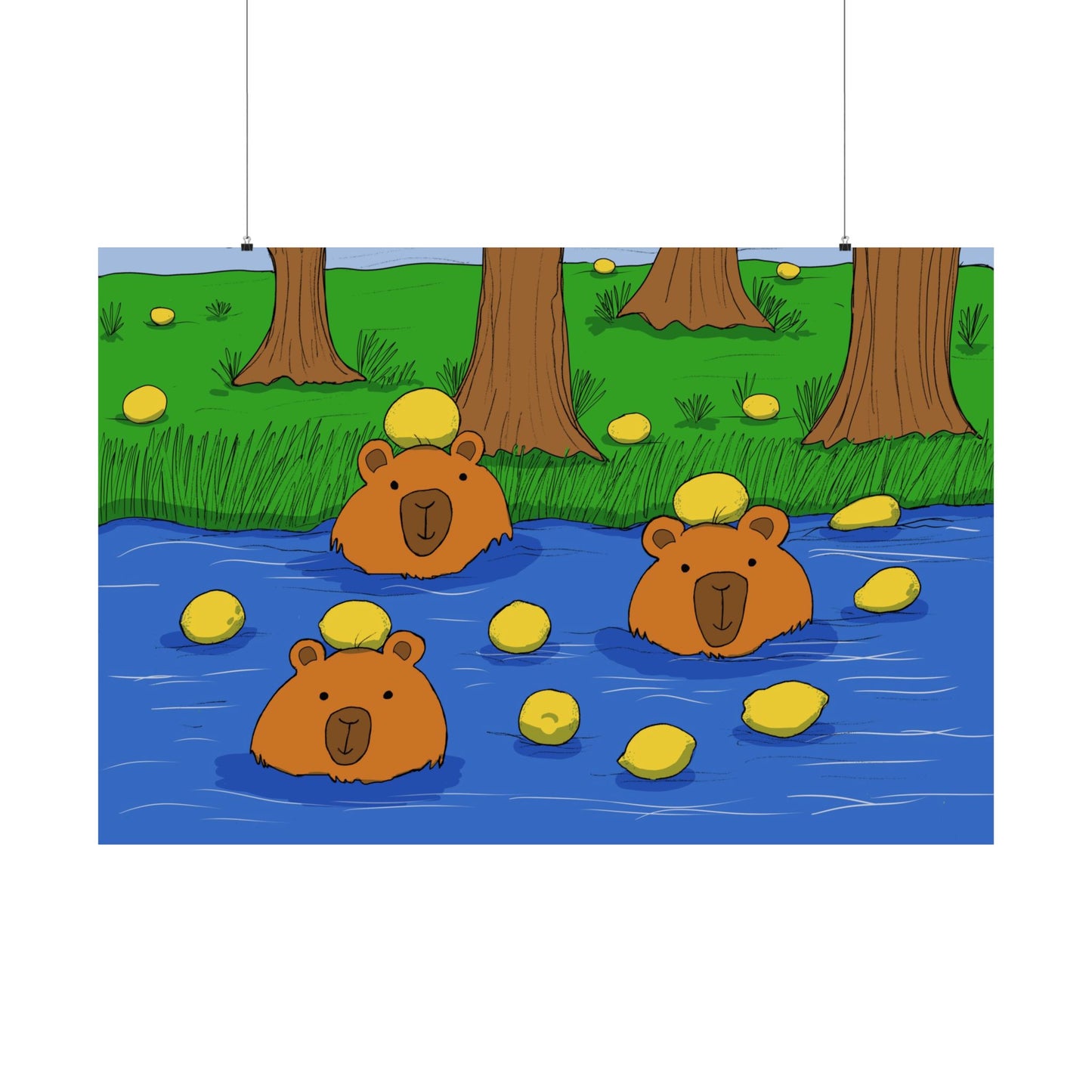 Poster Print - Cute Capybaras in Water with Lemons Design