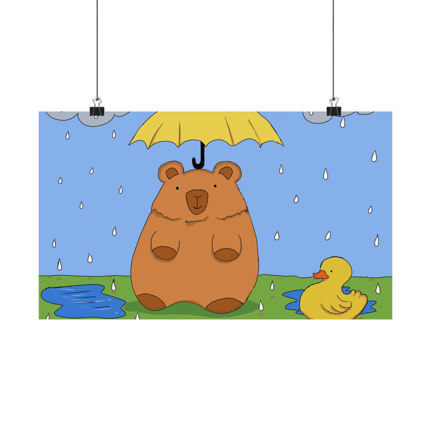 Capybara in the Rain with Rubber Duckie Print Poster