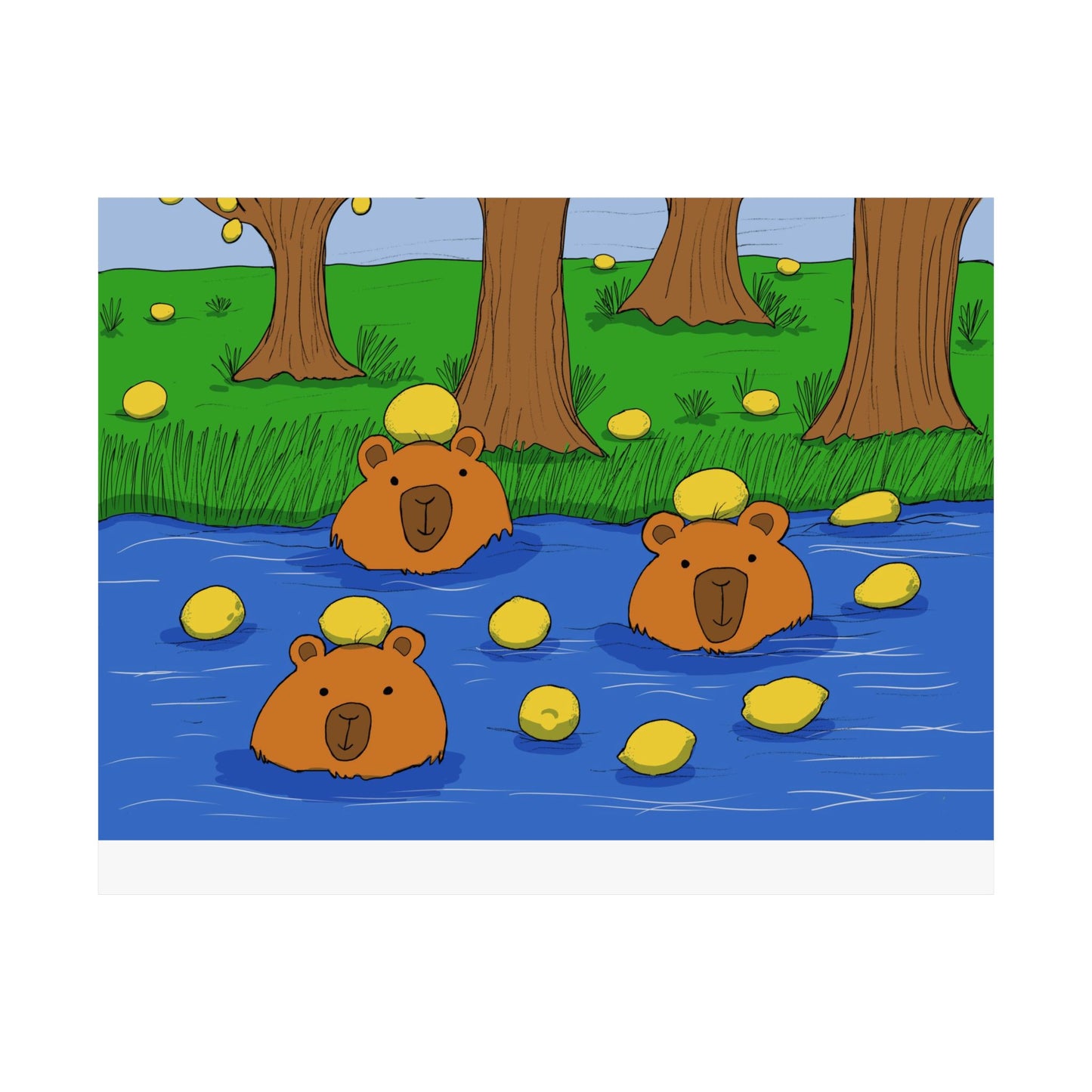 Poster Print - Cute Capybaras in Water with Lemons Design