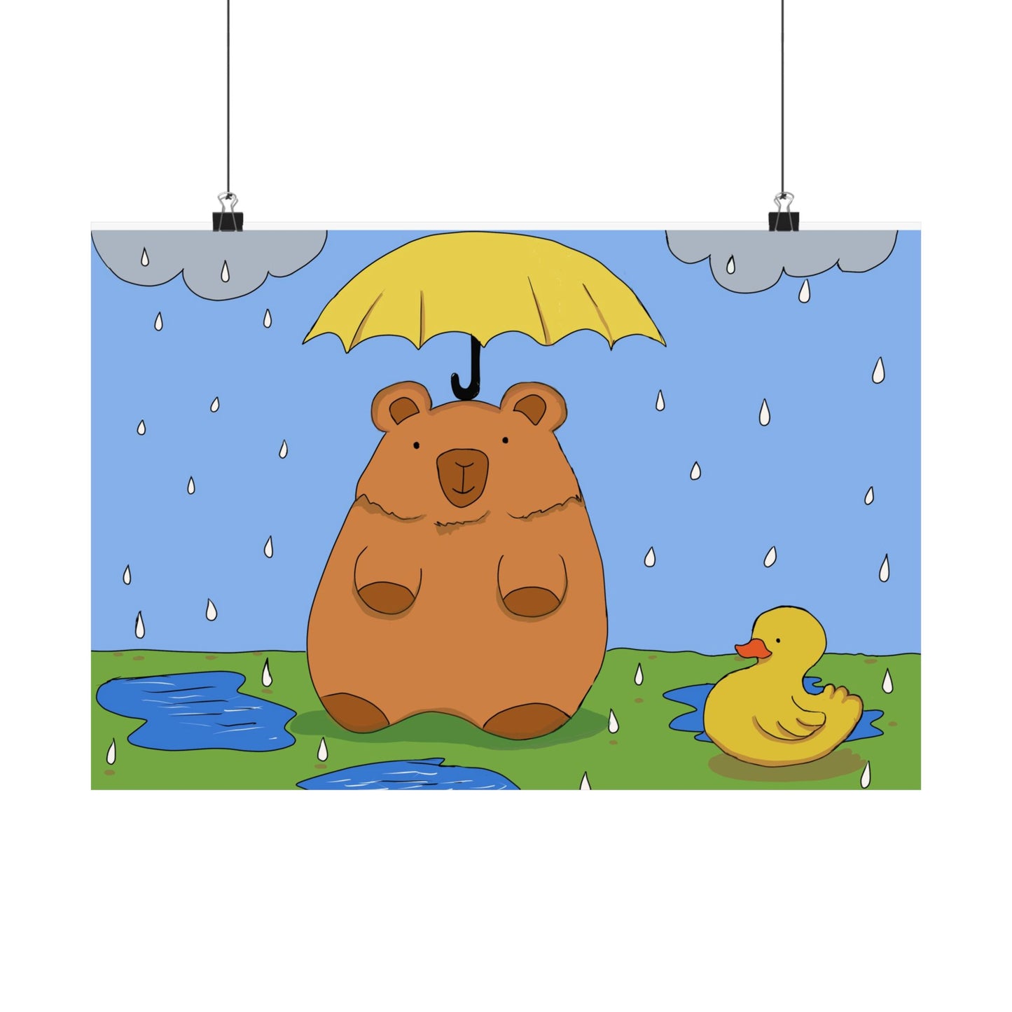 Capybara in the Rain with Rubber Duckie Print Poster