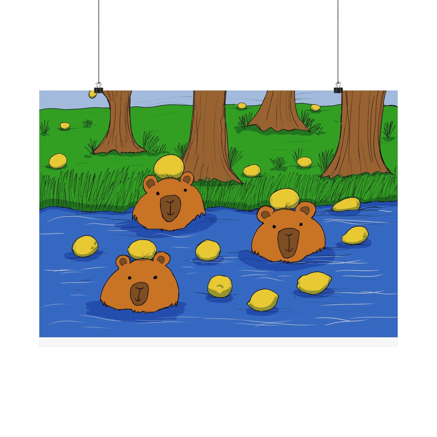 Poster Print - Cute Capybaras in Water with Lemons Design