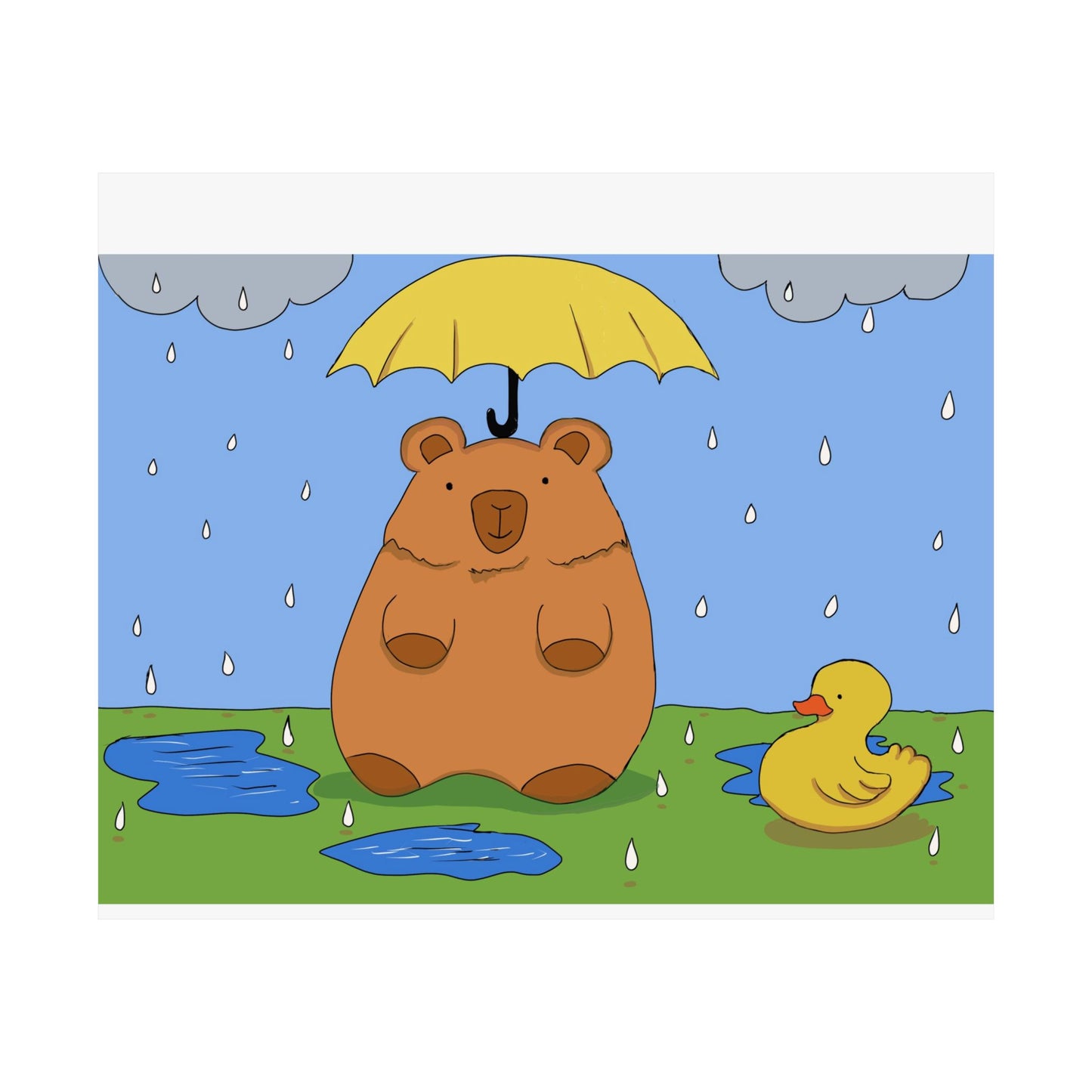 Capybara in the Rain with Rubber Duckie Print Poster