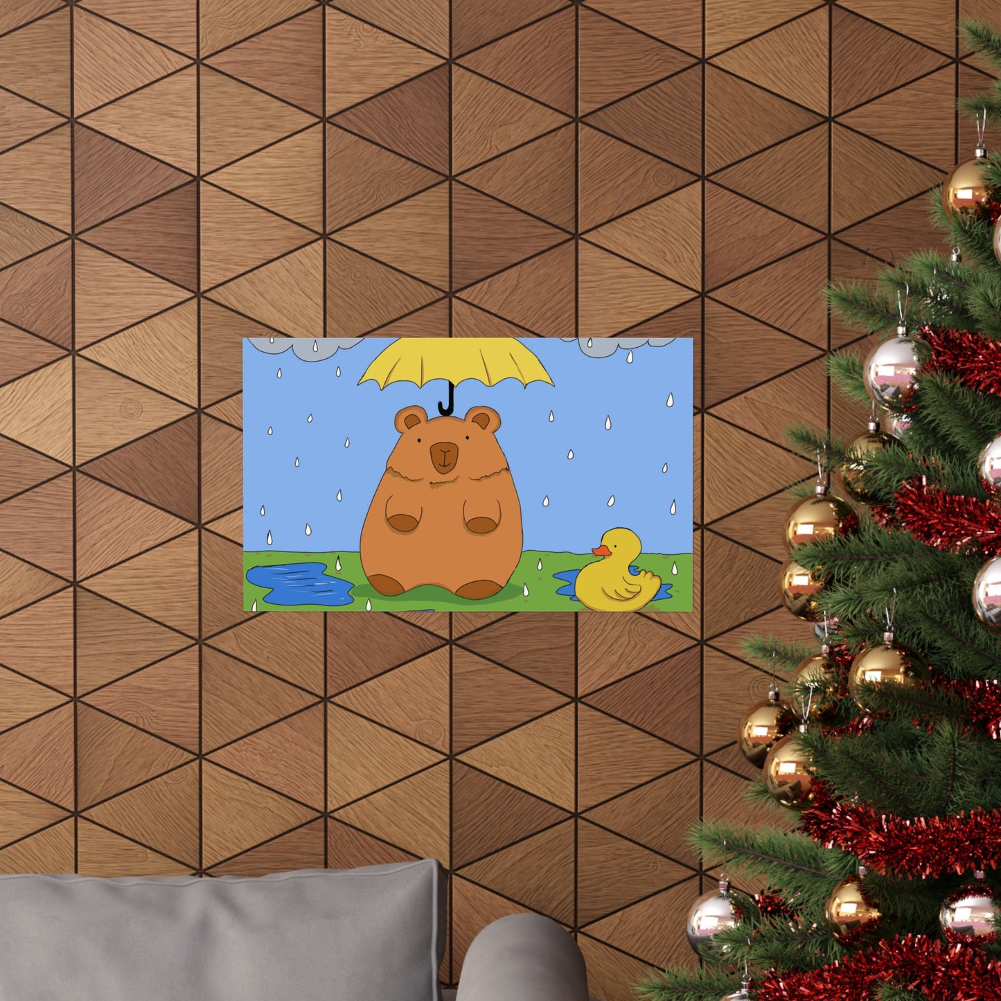 Capybara in the Rain with Rubber Duckie Print Poster