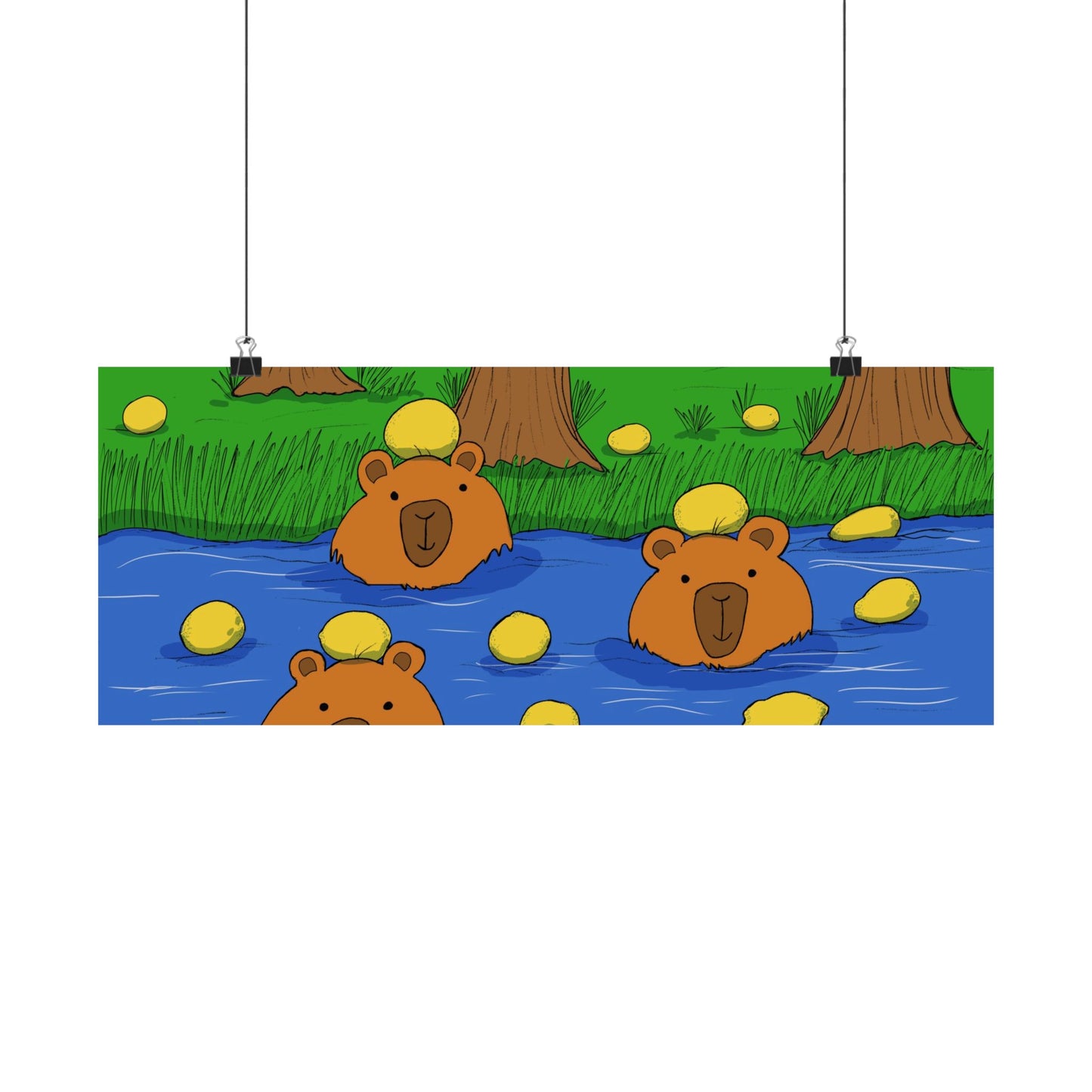 Poster Print - Cute Capybaras in Water with Lemons Design